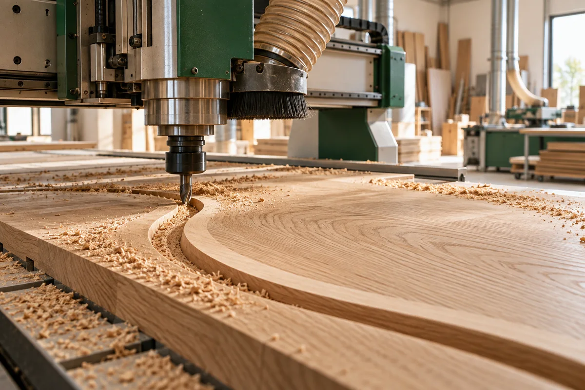 Illustrative view of a CNC router shaping a wooden panel to a custom profile
